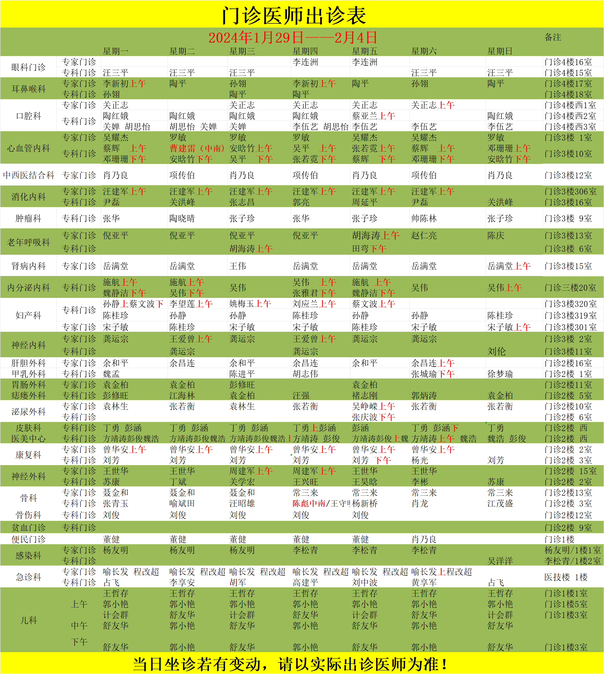 门诊医师出诊表(1.29——2.4) 门诊医师出诊表(1.29——2.4)
