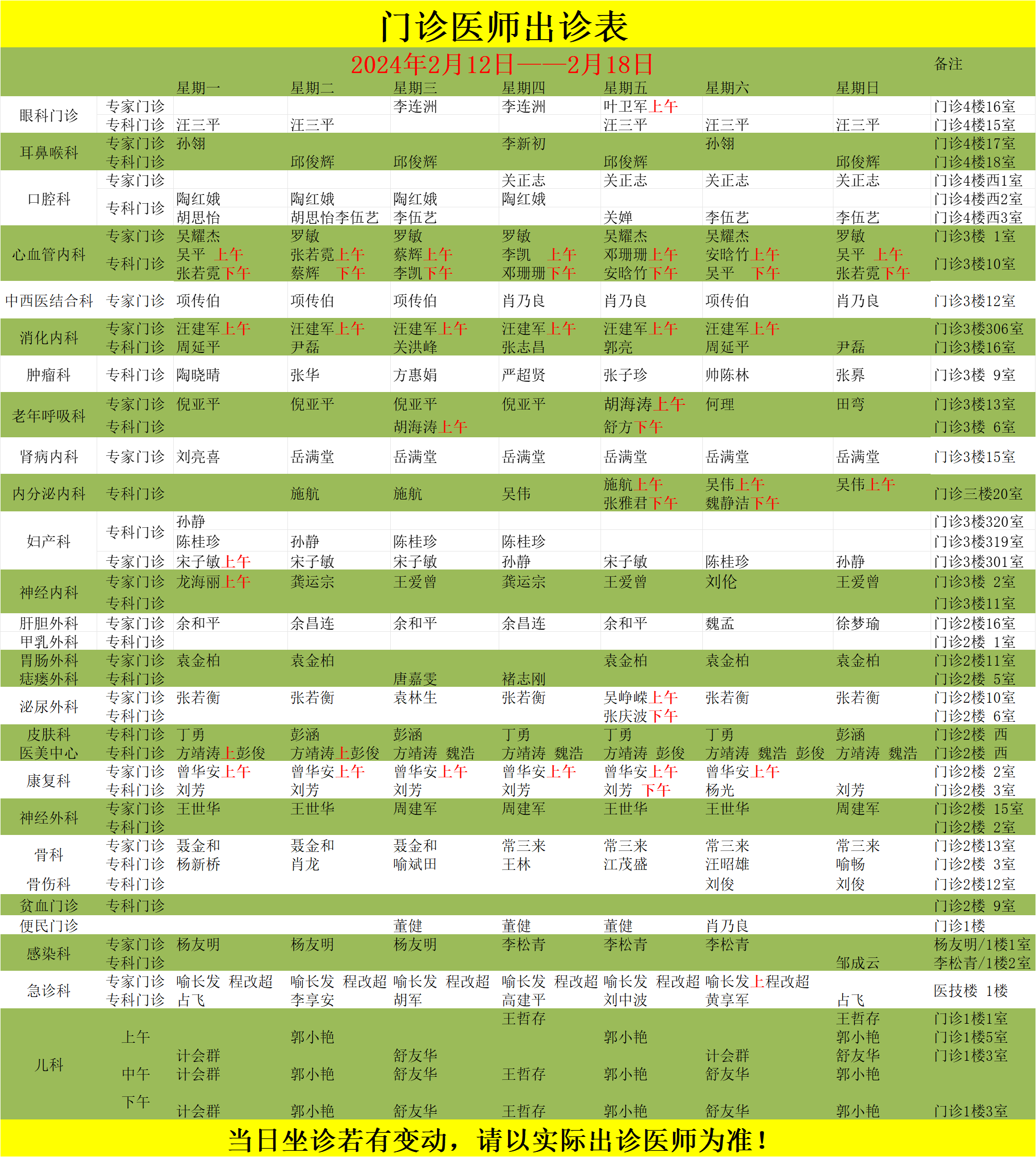 门诊医师出诊表(2.12——2.18) 门诊医师出诊表(2.12——2.18)
