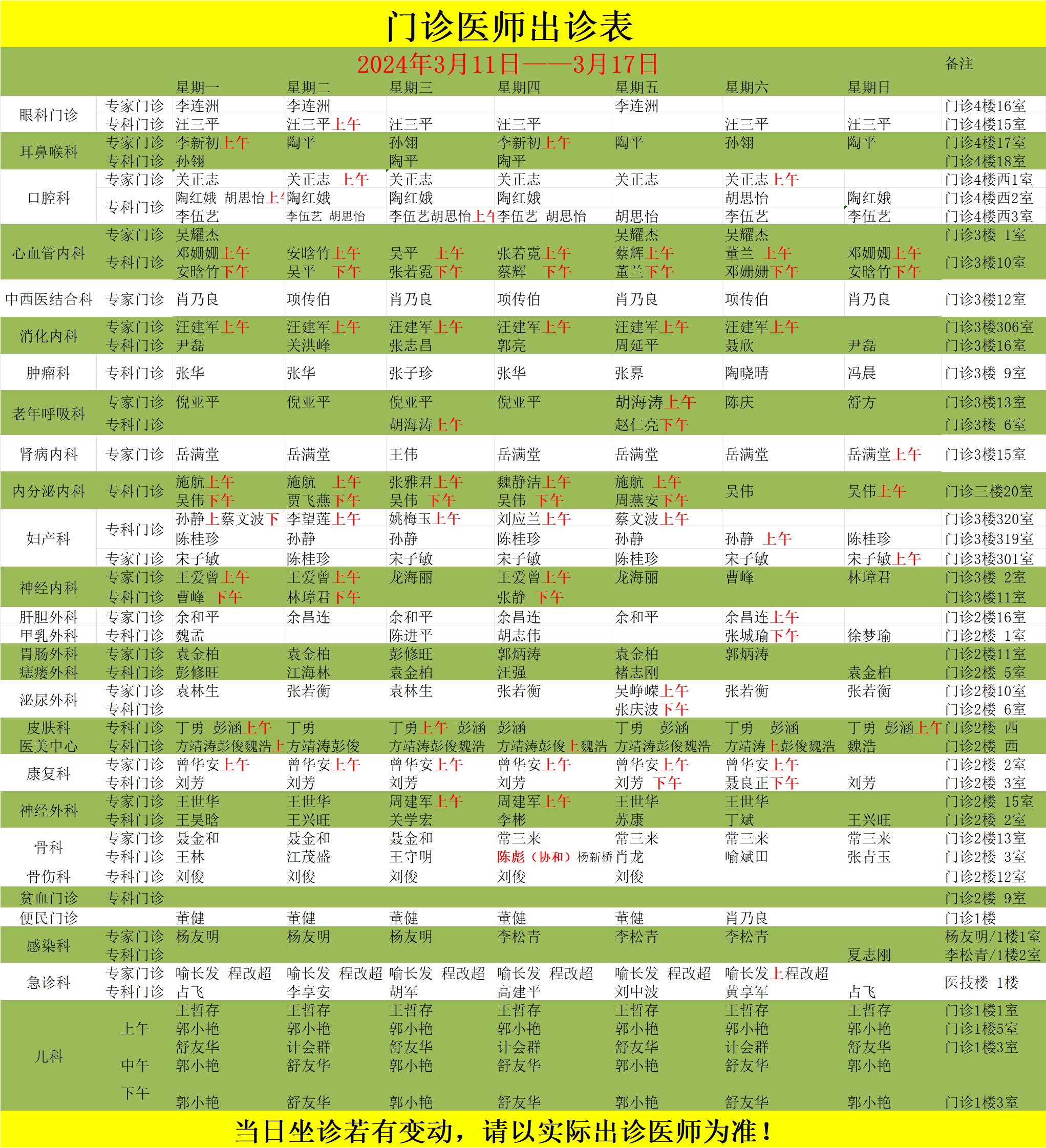 门诊医师出诊表(3.11——3.17) 门诊医师出诊表(3.11——3.17)