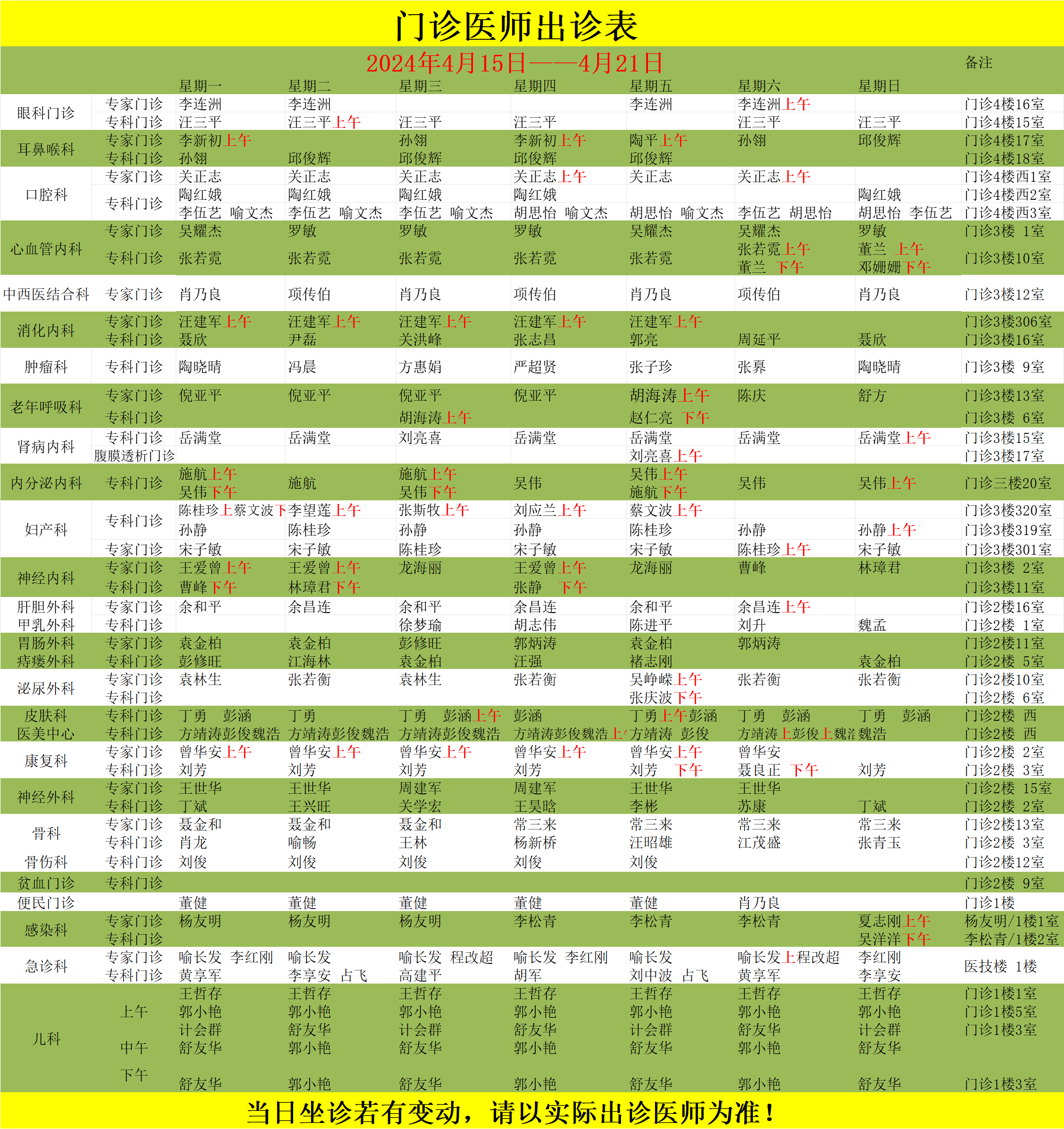 门诊医师出诊表(4.15——4.21) 门诊医师出诊表(4.15——4.21)